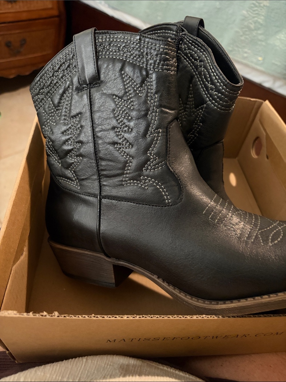 Matisse Black Leather Western Stitch Ankle Booties